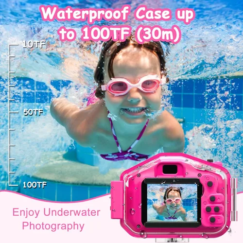 Miniatura 4 de Agoigo Cámara impermeable para niños – Videocámara digital de video HD subacuática para niños, juguete de viaje portátil para niños pequeños – Rosa
