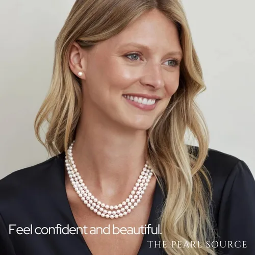 Miniatura 6 de The Pearl Source Collar de perlas cultivadas de agua dulce blancas de triple hebra para mujer de 18-19-20" de longitud matinal, Perla, Perla