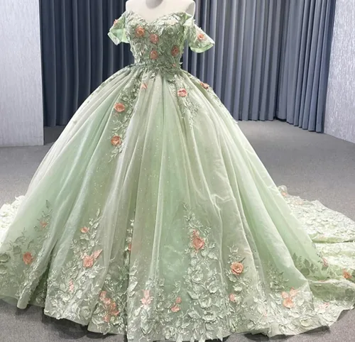 Miniatura 3 de Mauuwy Vestidos de quinceañera de flores florales de encaje de princesa, vestido de baile de tul brillante hinchado dulce 16 vestidos para fiesta