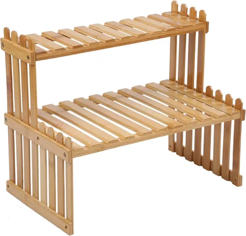 Miniatura 6 de Estante de plantas de bambú de 2 niveles de 14.6"/10.8"/18.5"/22.8", soporte para macetas de flores de escritorio, estante de escritorio ajustable