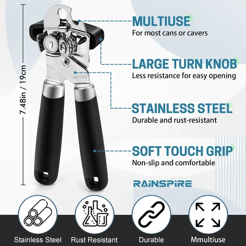 Miniatura 3 de Rainspire Abrelatas manual mejorado con abridor de botellas corte de borde liso, abrelatas resistente, mango suave cómodo, abrebotellas integrado
