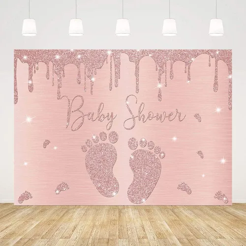 Telón de fondo para baby shower de niña de oro rosa de 7 x 5 pies, con purpurina y pequeña huella, decoración de fiesta de princesa rosa, pancarta
