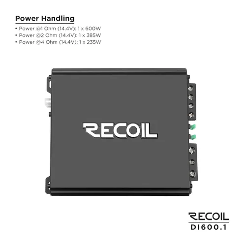 Miniatura 2 de RECOIL DI600.1 amplificador de audio para auto mono-block de clase D, potencia máxima de 1200 vatios, 2/4 ohmios estables, fuente de alimentación