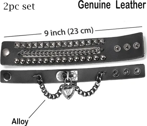 Miniatura 4 de Rivet Bracelet Multilayer Black Leather Cuff Heart Pendant Bangle Studded Chain Wrist Punk Sports Rock Bracelet Adjustable