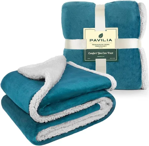 Miniatura 9 de PAVILIA Manta de Vellón Sherpa para Sofá, Tamaño Twin, Azul Verdoso, Manta de Sofá Suave, Mullida y Afelpada, Manta de Invierno Reversible