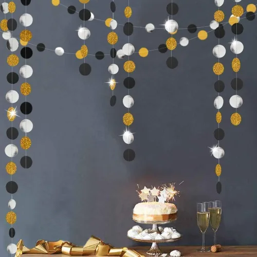 Decor365 Decoraciones de fiesta de color negro dorado y plateado, guirnalda de lunares circulares con purpurina 2026, decoración de fiesta de