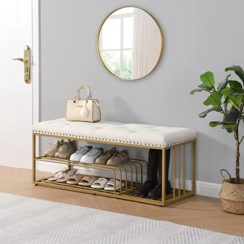 Miniatura 5 de Banco de lino con almacenamiento de zapatos de entrada con asiento acolchado copetudo, banco otomano con marco mental dorado para dormitorio, Beige