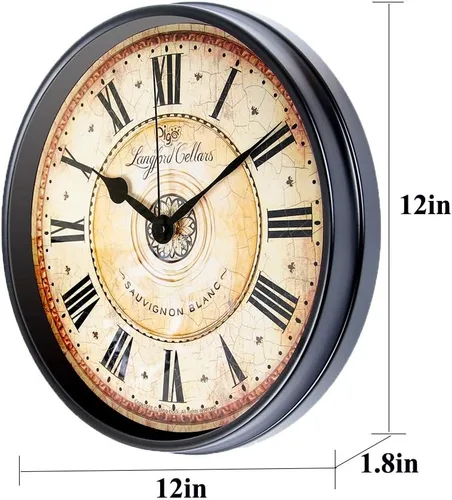 Miniatura 6 de Justup Reloj de pared de metal negro de 12 pulgadas, estilo europeo, retro, vintage, sin tictac, silencioso, funciona con pilas, con vidrio HD