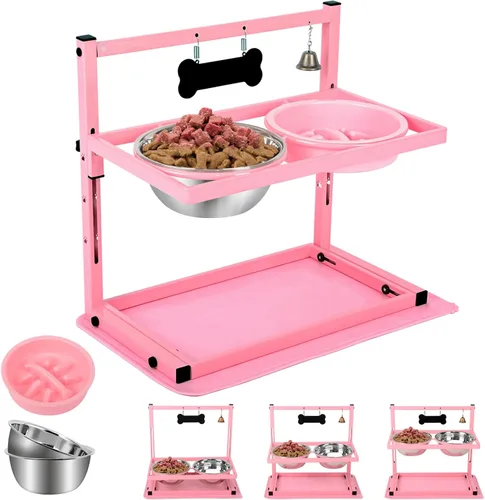 SHAINFUN Soporte elevado para cuenco de perro rosa con dos cuencos de comida de acero inoxidable de 1700ml, comedero de alimentación lenta y Rosa -