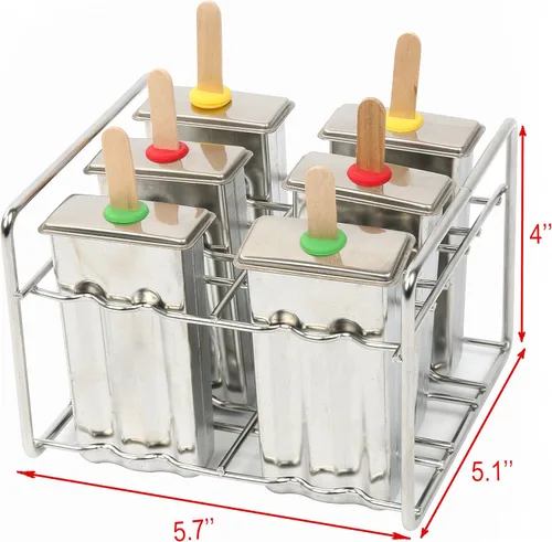 Miniatura 3 de Juego de 6 moldes y estantes de acero inoxidable para paletas – Máquina casera de golosinas de hielo con 50 palos de madera y 6 sellos de silicona