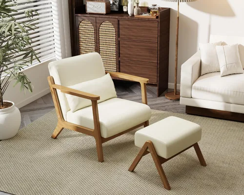 Miniatura 3 de Moderno juego de silla decorativa y otomana, sillón tapizado de piel sintética de mediados de siglo con marco de madera maciza y cómodo cojín