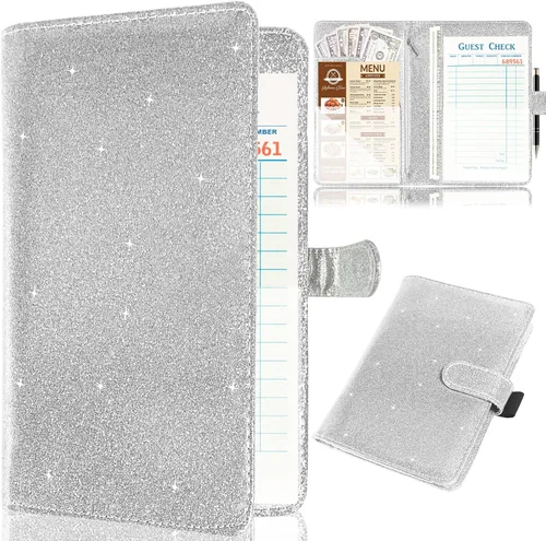 Miniatura 7 de Libreta para camarera, organizador de cuero con bolsillo con cremallera, cartera de dinero para camarera brillante y soporte para bolígrafos, Oro