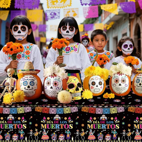 Miniatura 7 de 2 Piezas Mantel del Día de los Muertos - Mantel de Plástico Dia De Los Muertos, Mantel Desechable con Calavera de Azúcar Floral Cubierta de Mesa
