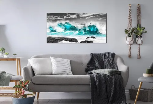 Miniatura 4 de Lienzo de playa para pared, pintura de océano, decoración de pared verde azulado para sala de estar, listo para colgar, tamaño 40 x 20 pulgadas