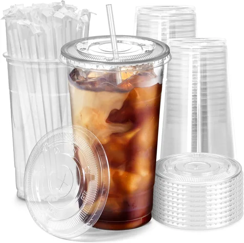 Fit Meal Prep Paquete de 100 tazas de plástico para café helado de 32 onzas con tapas planas y pajitas transparentes, vasos transparentes