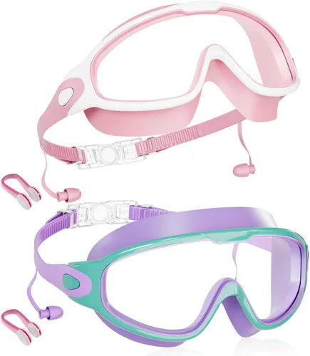 Aegend Nuevo paquete de 2 gafas de natación de visión amplia para niños, gafas antivaho/anti-UV sin fugas con tapones para los oídos para niños de 3
