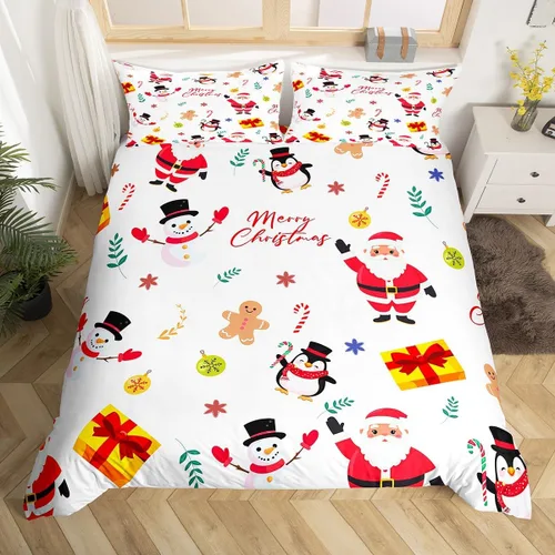 Miniatura 11 de Juego de ropa de cama de 3 piezas con diseño de muñeco de nieve, funda de edredón con temática de invierno, funda de edredón con temática de Feliz