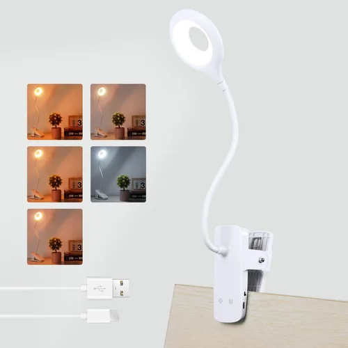 Miniatura 10 de Akynite Lámpara de escritorio LED con clip, 5 modos, 5 brillos regulables, luz de abrazadera regulable, batería recargable, lámpara de lectura Negro