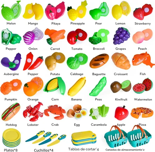 Miniatura 2 de 100 PIEZAS Juguetes de Comida para Cortar para Cocina Infantil, Juguetes de Comida de Simulación para Niños Pequeños, Accesorios de Juguetes de Azul