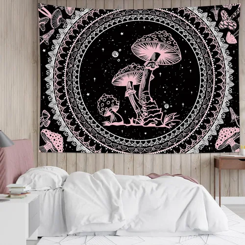 Miniatura 32 de SCECALA Tapiz bohemio de hongos, mandala blanco y negro para colgar en la pared para dormitorio, decoración bohemia del hogar, 60 x 40 pulgadas