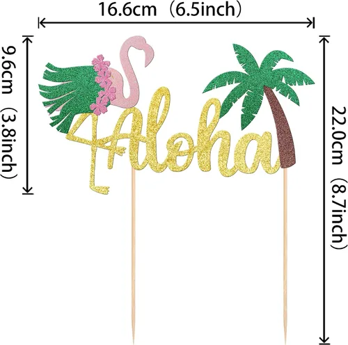 Miniatura 2 de 1 decoración para tarta de Aloha con purpurina para baby shower, paleta, palmera, flamenco, decoración para verano, hawaiano, Luau, tropical, Aloha