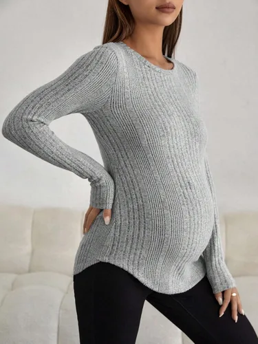 Miniatura 3 de MakeMeChic Camiseta asimétrica de punto de manga larga con cuello redondo para mujer
