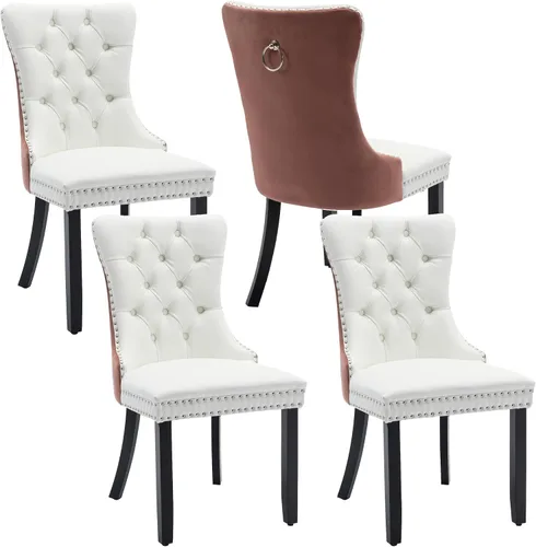 Miniatura 47 de Juego de 4 sillas de comedor de terciopelo, sillas de comedor tapizadas con ribete de cabeza de clavo, patas de madera, anillo de tracción, sillas