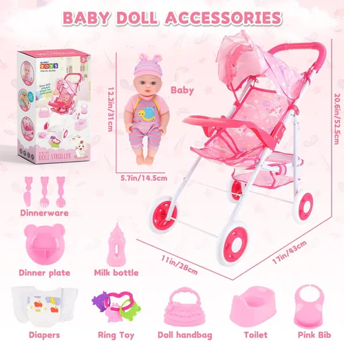 Miniatura 6 de deAO Juego de cochecito de muñeca de bebé de 12 pulgadas con cochecito de muñeca plegable, 15 piezas, accesorios para muñecas de bebé para niños