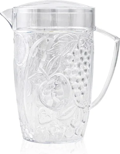Arrow Home Products Jarra de Plástico Transparente para Bebidas con Tapa, 76 Onzas - Diseño de Frutas de Paredes Gruesas, Fabricada en los Estados