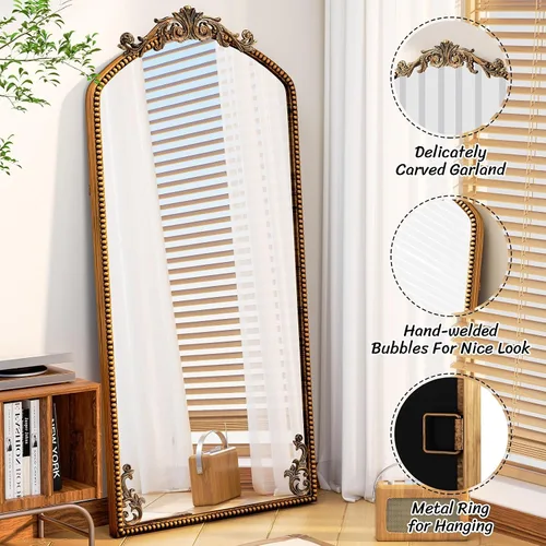 Miniatura 6 de Espejo de longitud completa arqueado negro de 71 x 32 pulgadas, espejo grande de inspiración barroca para piso o pared, espejo colgante envejecido