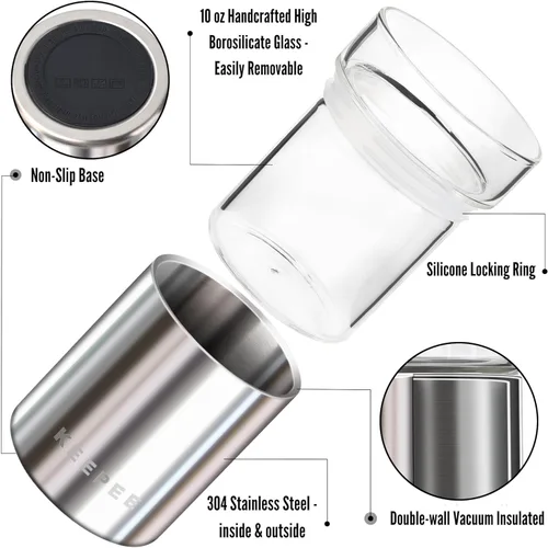 Miniatura 3 de Juego de 2 vasos de whisky, vaso aislado con inserto de vidrio extraíble, vaso de cóctel aislado, balón bajo antiguo para margaritas, bourbon, Acero