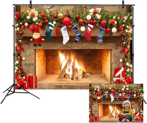 Miniatura 9 de LB Telones de fondo de chimenea de Navidad para fotografía de 5 x 3 pies, calcetines de árbol de Navidad, regalos de Año Nuevo, para niños