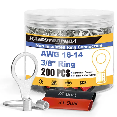 Miniatura 25 de haisstronica Juego de conectores de cables no aislados, 50 piezas de terminales de anillo de 5/16" (AWG12-10) con 50 piezas de tubo termorretráctil
