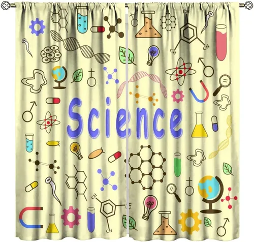 Miniatura 30 de Cortinas opacas para ventanas de ciencia para niños, lupa de libro de laboratorio de ciencia, lupa, frascos moleculares, cortinas impresas