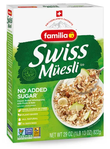 Miniatura 11 de Familia Swiss Muesli Cereal, 0g de azúcar añadido, Cereal lleno de energía con pasas, avellanas y almendras, caja de 29 onzas (6 unidades)