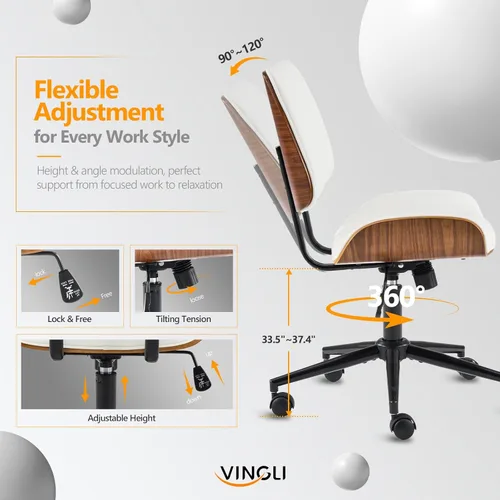 Miniatura 4 de VINGLI Silla de oficina en casa sin brazos y respaldo curvos anchos, silla de escritorio Ergoromic de altura ajustable, función giratoria e Blanco