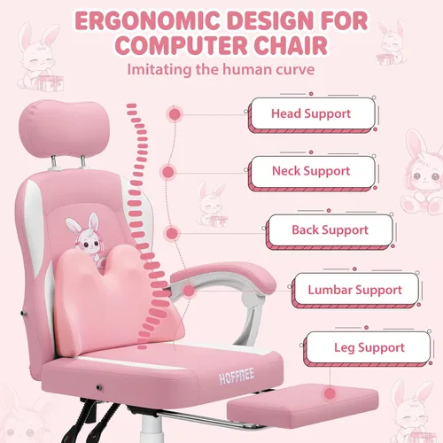 Miniatura 8 de HOFFREE Silla de juegos para computadora para niñas con lindo conejo, almohada lumbar de masaje, silla de oficina rosa para escritorio