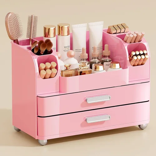 UFORU Organizador de maquillaje para tocador con 2 cajones grandes, vitrina de cosméticos con soportes para cepillos, fácil de almacenar para