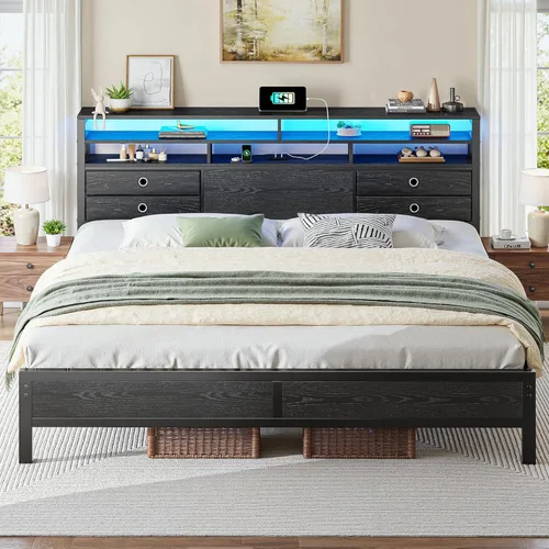 Miniatura 12 de Homkdom Base de cama de tamaño matrimonial con cabecera de almacenamiento de 3 niveles y 4 cajones, marco de cama matrimonial con luces LED
