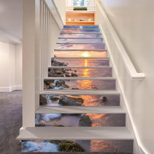 artfanke 13 piezas de calcomanías de escalera 3D de amanecer en la costa del océano - Adhesivos para escaleras de pelar y pegar - Adhesivos para
