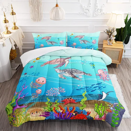 Juego de edredón de tortuga con aguada oceánica, juego de ropa de cama de tortuga para cama individual, juego de cama con peces tropicales y vida