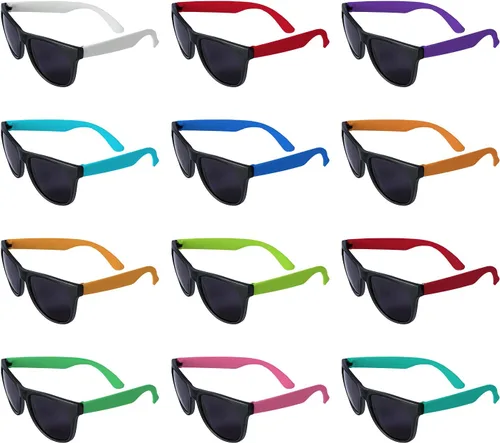 Miniatura 6 de Paquete de 48 lentes de sol de neón de 12 colores con lentes oscuros, estilo de los años 80 para recuerdos de fiesta, fiesta en la piscina a granel