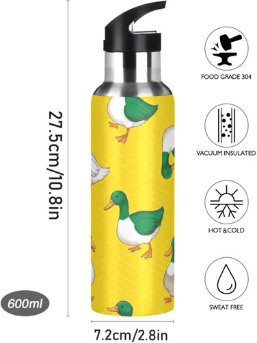 Miniatura 9 de BPA-Free Sport Water Bottle Insulated 32 Oz, Insulated Stainless Steel Water Bottle with Straw for Gym Outdoor Travel School, Green White Ducks
