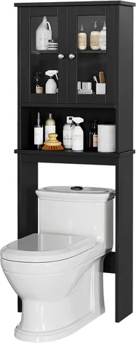 Miniatura 7 de Armario de almacenamiento sobre el inodoro para baño, organizador de almacenamiento negro sobre el inodoro, ahorro de espacio con 2 puertas