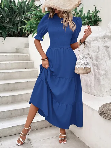 Miniatura 64 de BTFBM Vestidos para mujer, cuello redondo, casual, de verano, con volantes, manga corta, bohemio, con niveles, fruncido, largo, con estampado floral