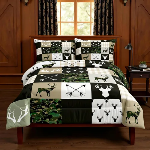 Miniatura 35 de Juego de edredón de cuernos de ciervo tamaño individual, juego de ropa de cama rústica de granja con huellas de oso y pinos para decoración