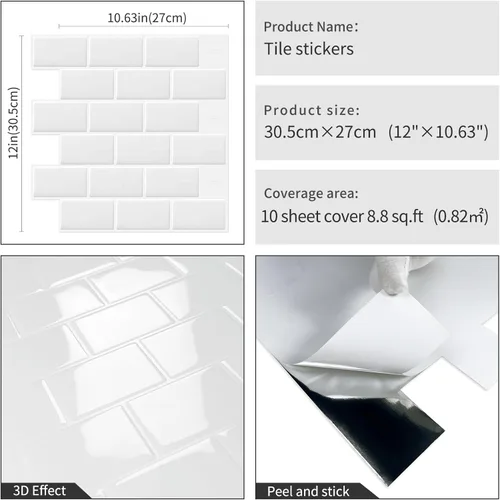 Miniatura 6 de DEWOO Azulejos blancos de metro para despegar y pegar, azulejos de ladrillo adhesivo para pared para cocina y baño, 10 hojas, 12 x 12 pulgadas Todo