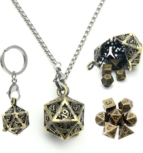 Miniatura 9 de Haxtec Mini Juego de Dados de Metal DND con Estuche de Cuello Hueco Juego de Dados de Metal Pequeños Antiguos Juego de Llaveros D&D Portátil Juego