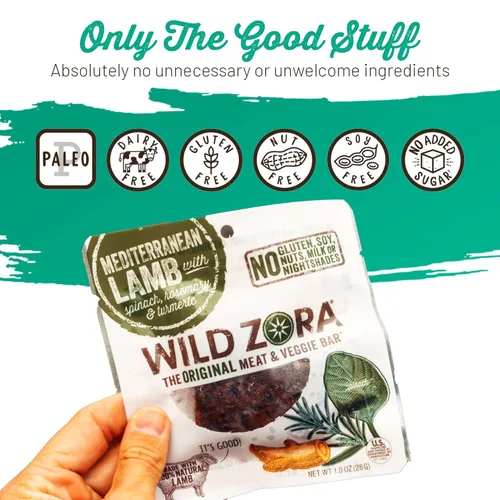Miniatura 3 de Wild Zora Barritas de carne y verduras, cordero mediterráneo, paquete de 8, 100% cordero alimentado con hierba, aperitivos paleo saludables