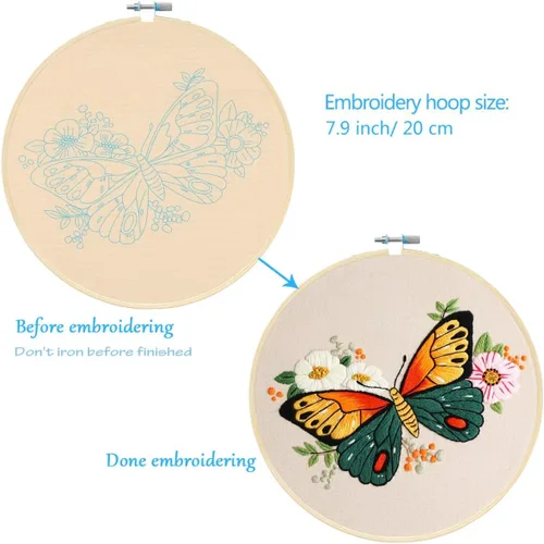 Miniatura 3 de MIKIMIQI Paquete de 3 kits de bordado con patrón, kit de bordado estampado de flores y mariposas que incluye telas de bordado, aros de bambú, agujas